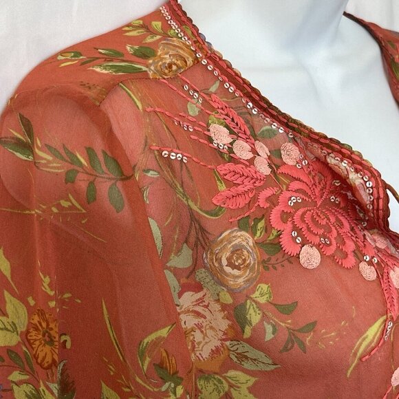 CAbi Womens 100% Silk Floral Embroidered Tunic Top S Coral Pink Sheer Boho Flowy - Picture 8 of 16